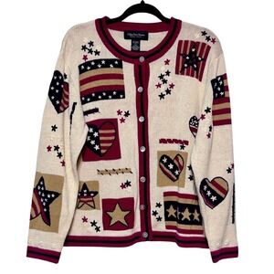 Vintage Celina Yang Americana Patriotic‎ Cardigan Sweater Size L Y2K Heritage